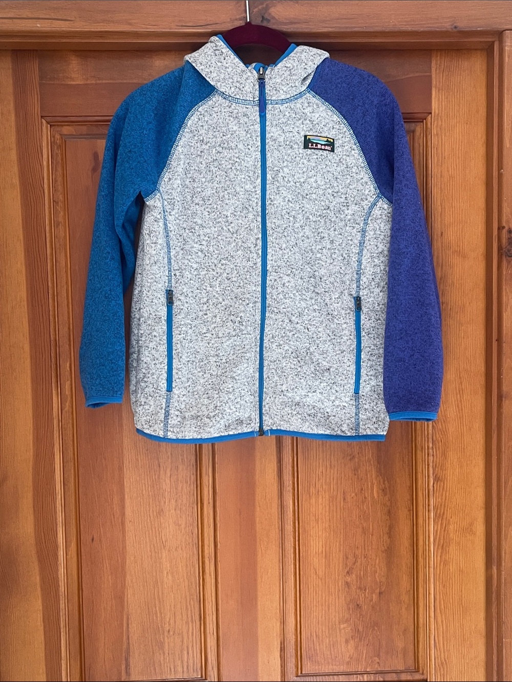 L.L. Bean Kids Two-Tone Gray Hooded Fleece with Teal and Royal Sleeves